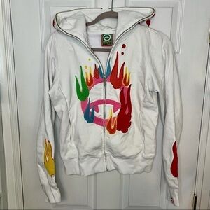 Devil Nut Zip Up White Colourful Fire Graphic Hoodie Sweatshirt Small